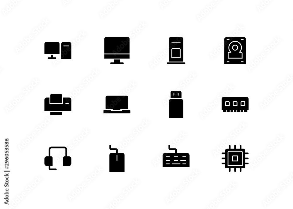 Computer icons set a black solid style designed with grid. Simple and ...