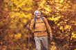 © Mediteraneo - Senior man hiking in autumn forest.