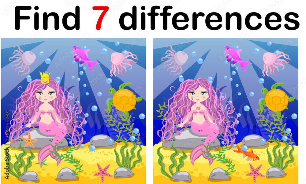 Find differences, game for children, mermaid underwater in cartoon ...