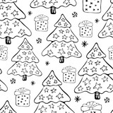 Fototapeta Dinusie - Seamless Christmas pattern in vector. New year background Christmas tree decorated with stars. Hand drawn monochrome illustration, black and white. Happy, holiday, celebration. Art Line.