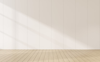 Poster - 3D stimulate of empty room and wood plank floor with sun light cast shadow on the wall,Perspective of minimal interior design.