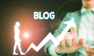 Poster - Text sign showing Blogquestion. Business photo showcasing regularly updated website web page run by individual Female human wear formal work suit presenting presentation use smart device