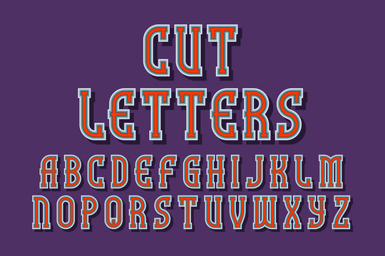 Cut letters alphabet with volumetric edging and shadow. 3d urban font.