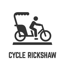 Cycle Rickshaw Or Bike Taxi Icon With Velotaxi And Driver, Human Powered Pedicab Or Carry Bikecab For Hire Symbol.