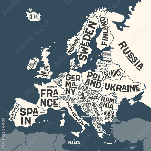 Fototapeta na szkło Europa, mapa. Plakatowa mapa Europy z nazwami krajów