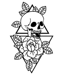 Sticker - Rose tattoo and skull with sacred geometry frame. Traditional black style ink.