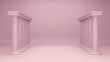 Pink interior with Greek style columns corridor, classical elegant construction with empty space. Geometric hall concept, pink minimalist pastel color interior, 3d illustration.