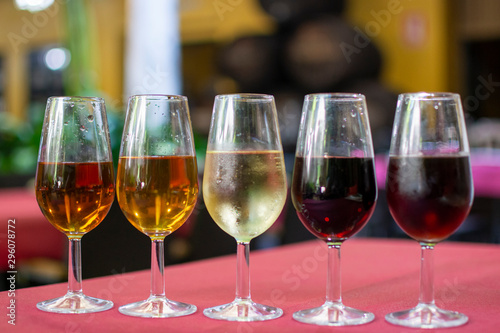 Cuadros en Lienzo Sherry wine tasting, selection of different jerez fortified wines from dry to ve