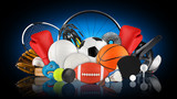 huge collection stack of sport goods and balls gear bicycle wheel equipment from various team and individual sports dark blue black background