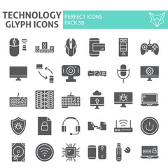 Fototapete - Technology glyph icon set, devices symbols collection, vector sketches, logo illustrations, gardening signs solid pictograms package isolated on white background.