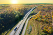Aerial view of the highway in Poland at sunset