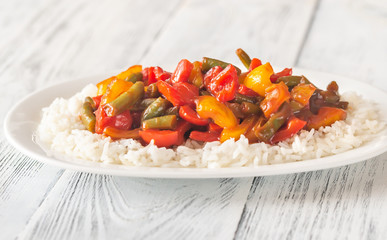 Poster - Portion of white rice and fried vegetables