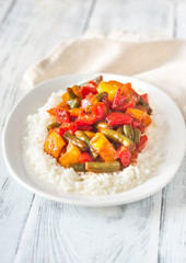 Canvas Print - Portion of white rice and fried vegetables