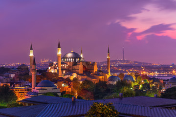 Hagia Sophia in the Istanbul skyline, beautiful evening view