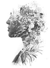 Paintography. Double Exposure Close Up Portrait Of A Young Natural Beauty, With Face And Hair Combined With Hand Drawn Leaves And Flowers Dissolving Into The Background, Black And White
