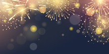 Vector Horizontal Greeting Banner With Gold Fireworks In Night Sky. Festive Lights On Blue Background With Effect Bokeh For Design Of Holiday Poster And Celebratory Flyer. File Contains Clipping Mask.