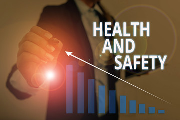Poster - Text sign showing Health And Safety. Business photo text procedures intended to prevent accident in workplace Woman wear formal work suit presenting presentation using smart device