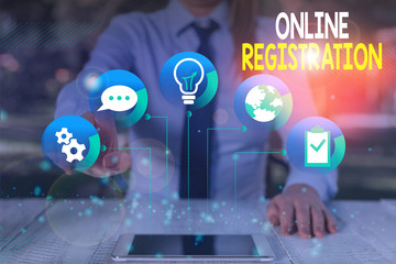 Leinwandbilder - Conceptual hand writing showing Online Registration. Concept meaning System for subscribing or registering via the Internet Female human wear formal work suit presenting smart device
