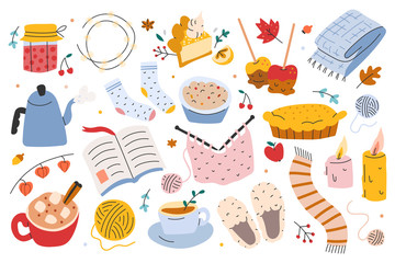 Hygge autumn set, collection of hand drawn clip arts of seasonal indoor activities, vector illustrations. Sybmols of cozy home and comfort, food, utensils, clothes, accessories. sticker pack