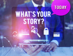 Aufkleber - Handwriting text writing What S Is Your Story question. Conceptual photo analysisner of asking demonstrating about past life events man icons smartphone speech bubble office supplies technological
