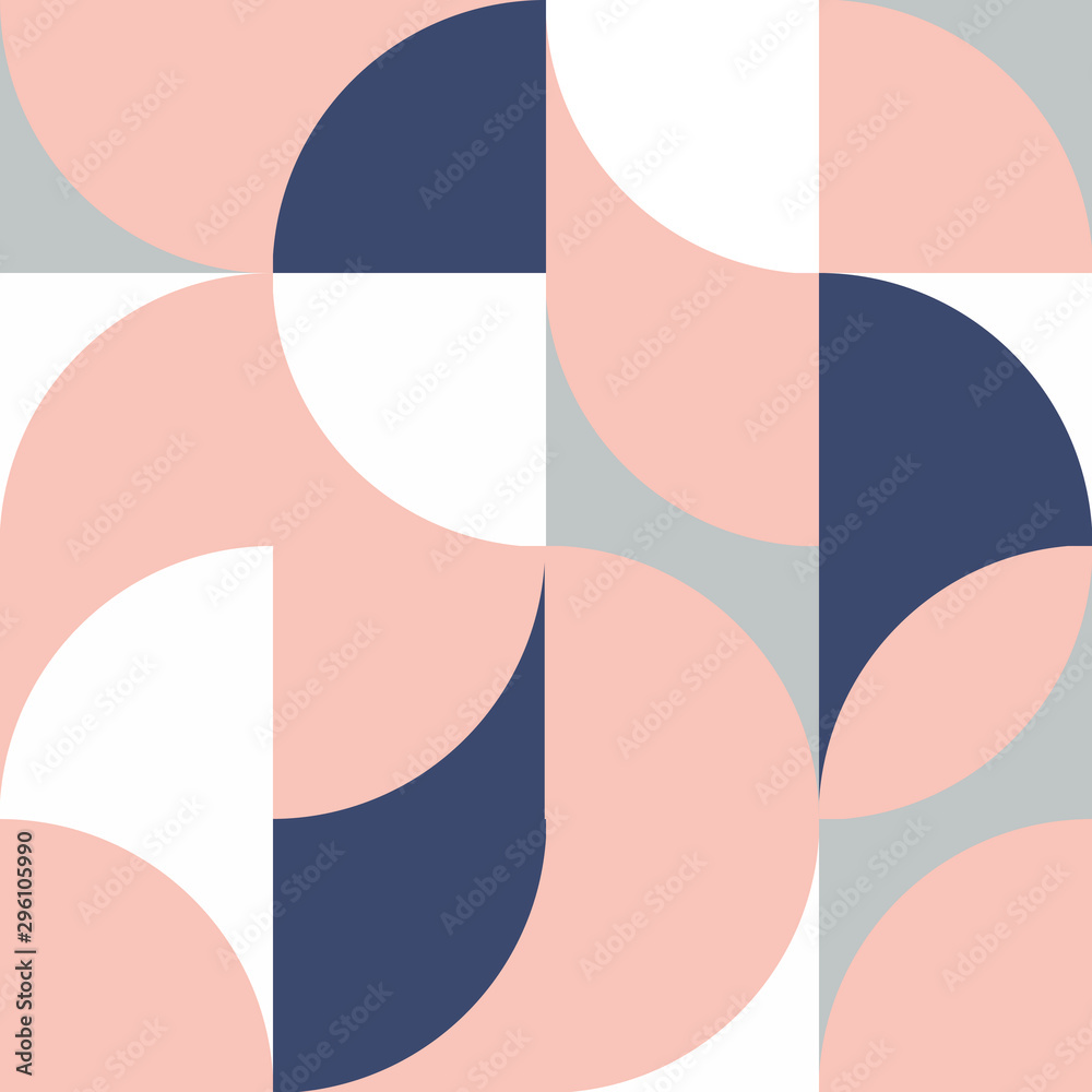 Modern vector with abstract geometric pattern with a semicircle and a circle in retro Scandinavian style. Pastel Peach, White, light blue and dark blue shapes. Geometry minimalistic poster - obrazy, fototapety, plakaty 