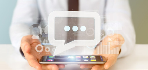 Poster - View of a Businessman holding a message icon with data in background - 3d rendering