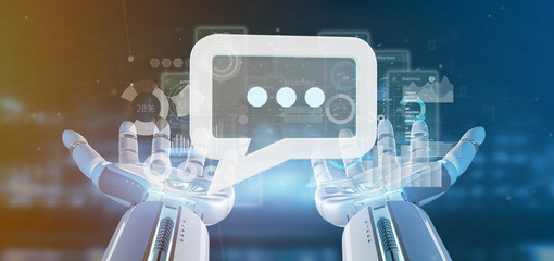 Poster - View of a Cyborg hand holding a message icon with data in background - 3d rendering