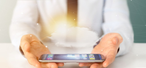 Poster - Businessman holding a Weather forecast Sun and cloud 3d rendering