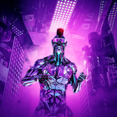 Wall Mural - The artificial boy returns / 3D illustration of futuristic metallic science fiction male humanoid cyborg with mohawk hairstyle and sunglasses