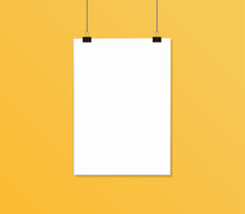 White Poster Mock Up Hanging On Rope With Paper Clips Near Yellow Wall. Blank Canvas Mockup Design Template. Vector Illustration. EPS 10