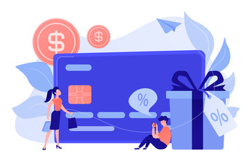 Poster - Debit card, gift box and users. Online card payment and plastic money, bank card purchase and shopping, e-commerce and secure bank saving concept. Vector isolated illustration.