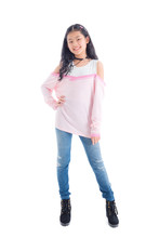 Full Length Of Pretty Asian Teenage Girl Smiling Isolated Over White Background