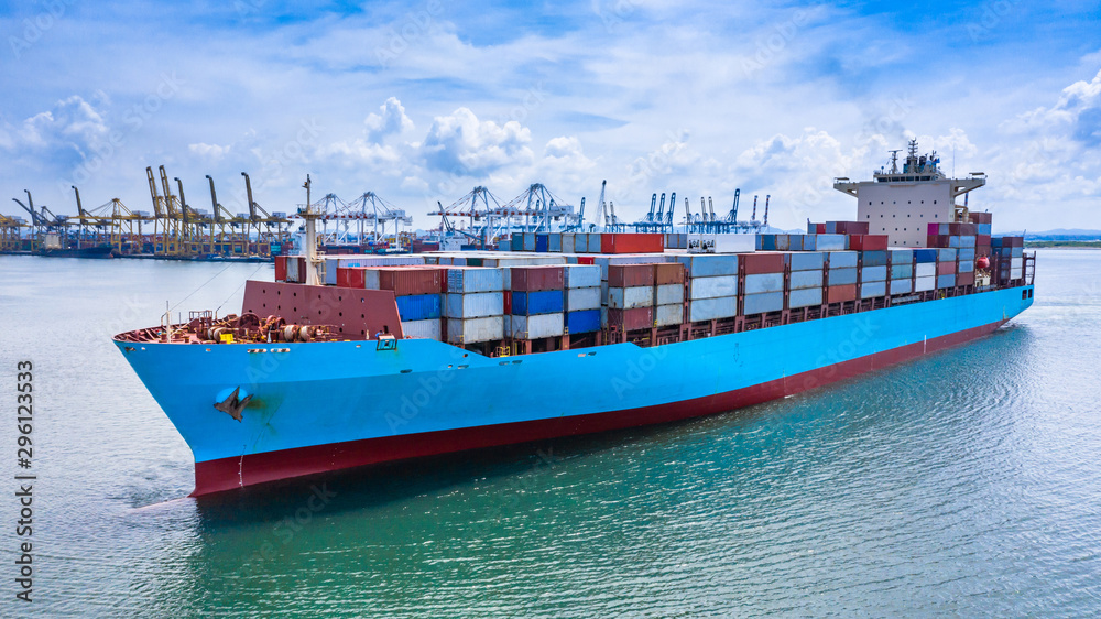 Container cargo ship at industrial port in import export business ...