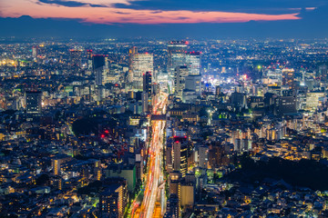 Wall Mural - Cityscape of Tokyo skyline, panorama aerial skyscrapers view of office building and downtown in Tokyo in the evening. Japan, Asia.