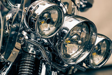 KIEV, UKRAINE  - 5 OCTOBER, 2019: Harley Davidson Motorcycle Gear Elements Close-up Shot.