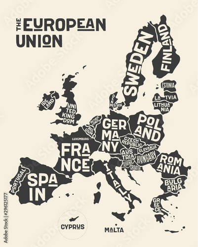 Fototapeta na szkło Unia Europejska, Europa. Plakatowa mapa Unii Europejskiej