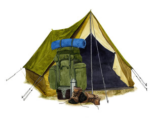 picture of a backpack near the tent hand drawn in watercolor isolated on a white background. waterco