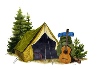 picture of a tent with a backpack and a guitar hand drawn in watercolor isolated on a white backgrou