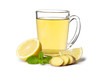 cup of hot tea with ginger, lemon and mint isolated on a white background