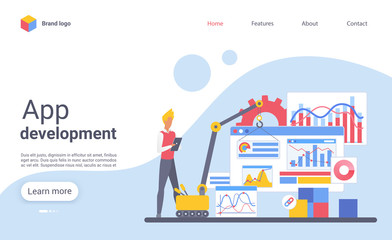 Aufkleber - App development landing page vector template. Mobile programming website homepage interface layout with flat illustration. Application creation business web banner, webpage cartoon concept