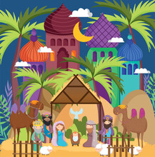 Manger Sacred Family Wise Men Camels Hut Star Palms Nativity