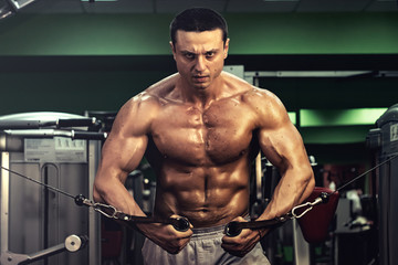 muscular bodybuilder doing exercise on bars in the gym. a handsome, sporty, sexy guy with a abs training in the gym. fitness, bodybuilding, nutrition, healthy lifestyle