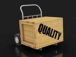 Poster - Wooden crate with Quality on Hand Truck. Image with clipping path