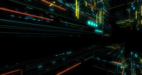 Poster - Quantum computer environment with digital technology, processing unit of an advanced Artificial intelligence. Flight through flow of digital information tunnel / cloud computing. loop / 3D render