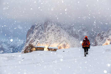 Beautiful Winter at Alpe di Siusi, Seiser Alm - Italy - Holiday background for Christmas.