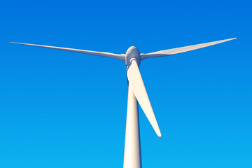 Wind farm on a background of clear blue sky, view from below.