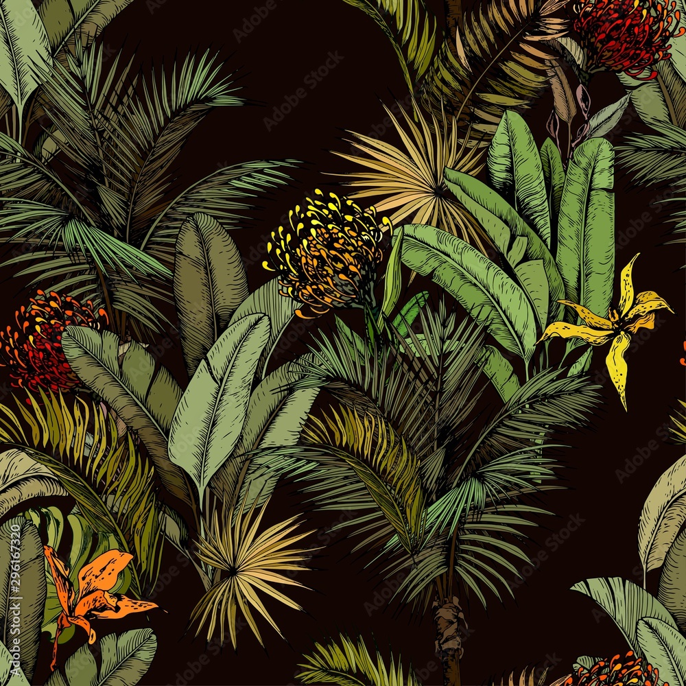Seamless pattern with green tropical leaves and exotic flowers. Hand drawn vector illustration on black background. - obrazy, fototapety, plakaty 