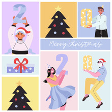 Merry Christmas Or Happy New Year Greeting Post Card Or Banner With People Holding 2020 Numbers. A Collage With People In Costumes, Christmas Tree And Presents. Creative Invitation To Christmas Party.