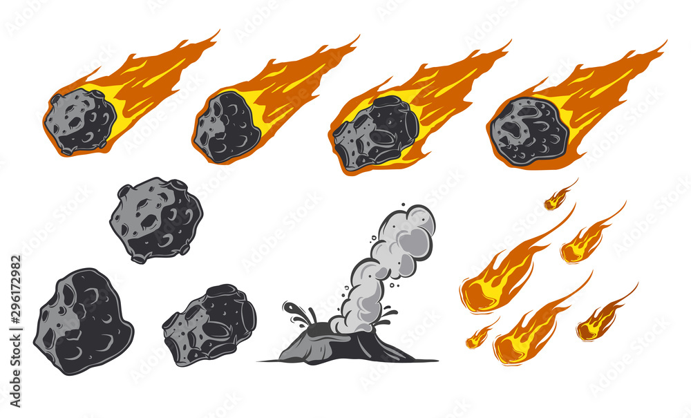 Meteors collection with falling comets. Asteroids. The volcano. Crater in cartoon style. - obrazy, fototapety, plakaty 