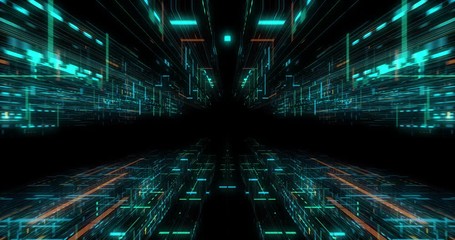 Poster - Quantum computer environment with digital technology, processing unit of an advanced Artificial intelligence. Flight through flow of digital information tunnel / cloud computing. loop / 3D render